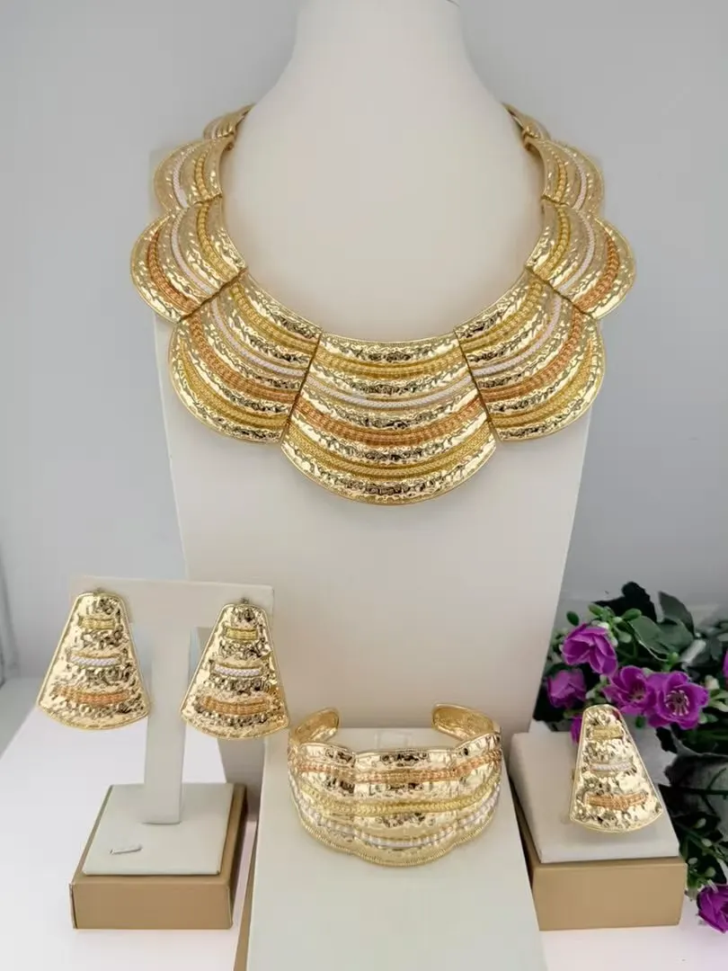Fancy Three Tone Irregular Geometric Italian Jewelry set Trendy llaveros Collar Pulseras pin Pendient tentacles Anillos 4PC Set