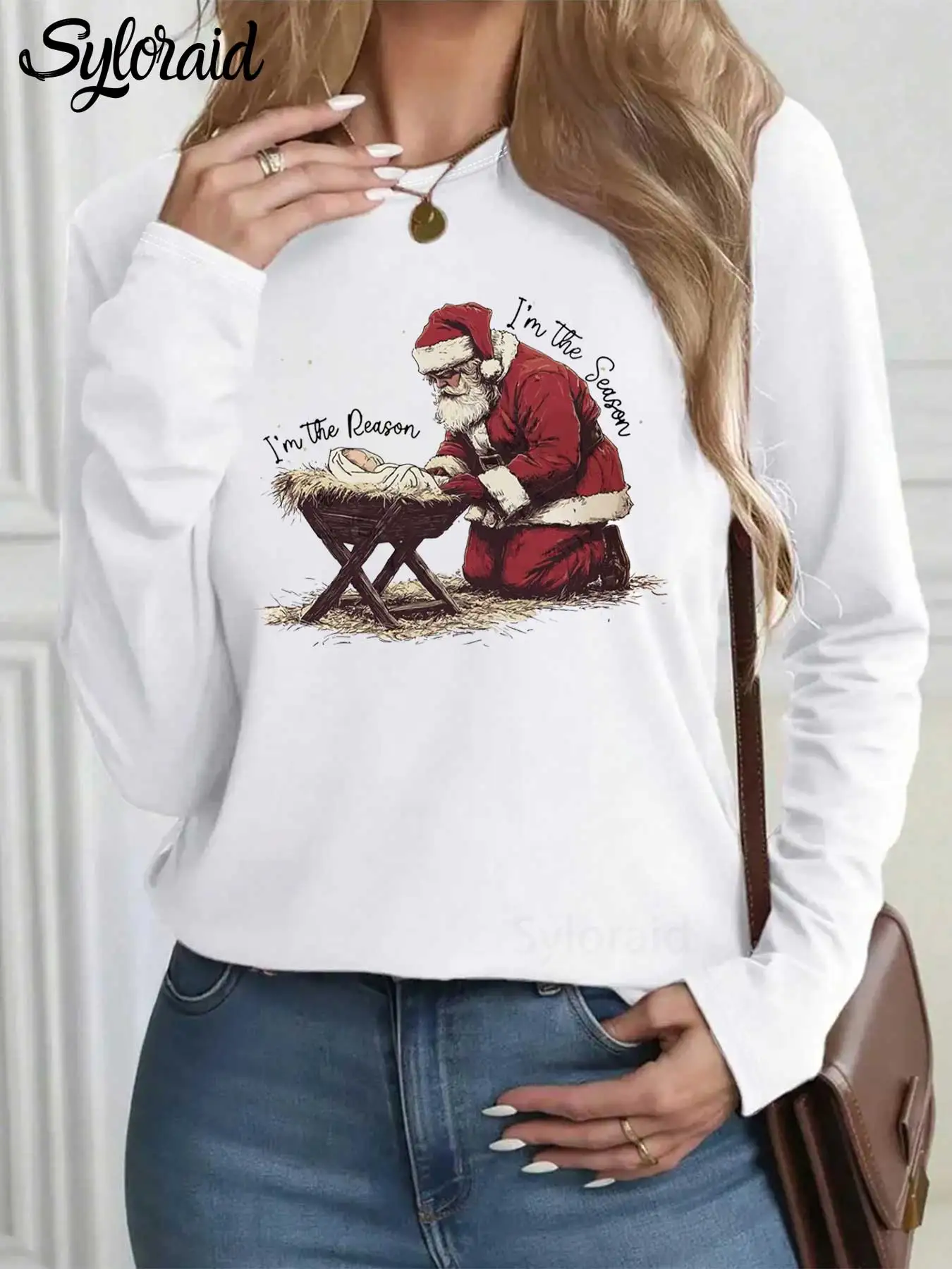 تي شيرت نسائي بأكمام طويلة لعيد الميلاد سانتا يسوع جرافيك تي شيرت عصري برقبة دائرية كاجوال #1