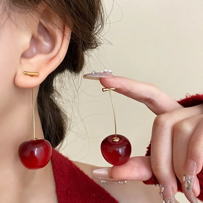 Small Fresh Sweet Red Cherry Earrings Cherries Pendant Earrings for Women Stainless Steel Fruit Shape Earring Charm Jewelry Gift