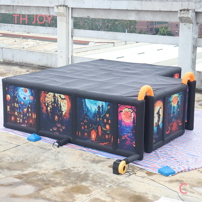 Navio rápido para porta, labirinto inflável gigante em forma de l de 8x7m, casa assombrada de halloween, sala de fuga, etiqueta laser, campo de jogo esportivo