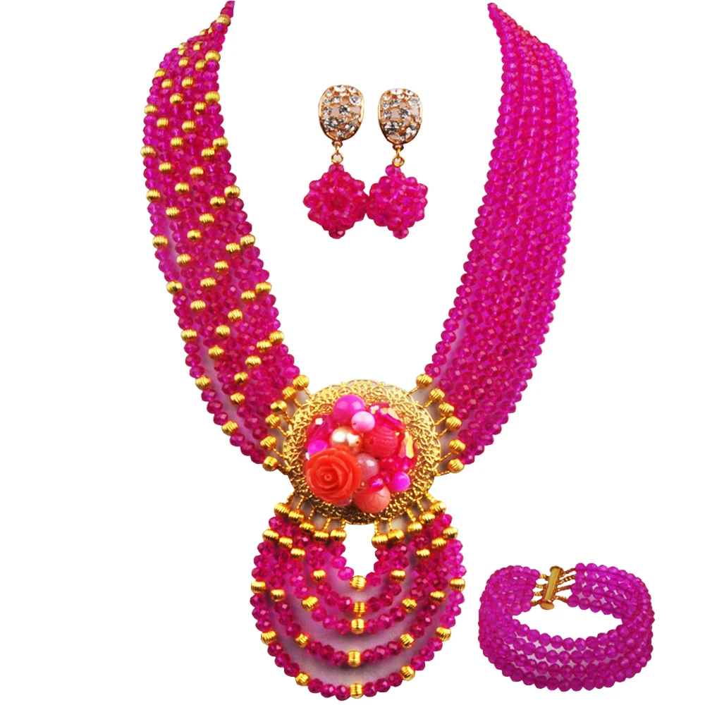 Fuchsia Pink Costume Necklace African Set Jewelry Nigerian Wedding African Beads Jewelry Set Crystal