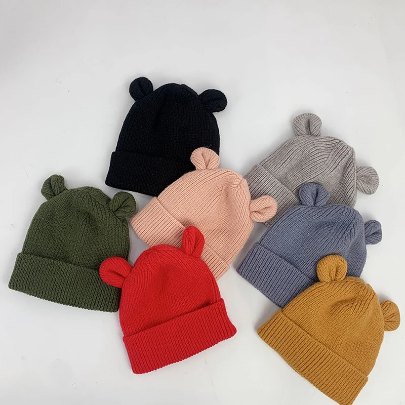 Cartoon Ear Baby Hat Winter Solid Color Warm Knitted Hats for Kids Boy Girl Cute Bear Infant Toddler Beanies Cap Bonnet 모자