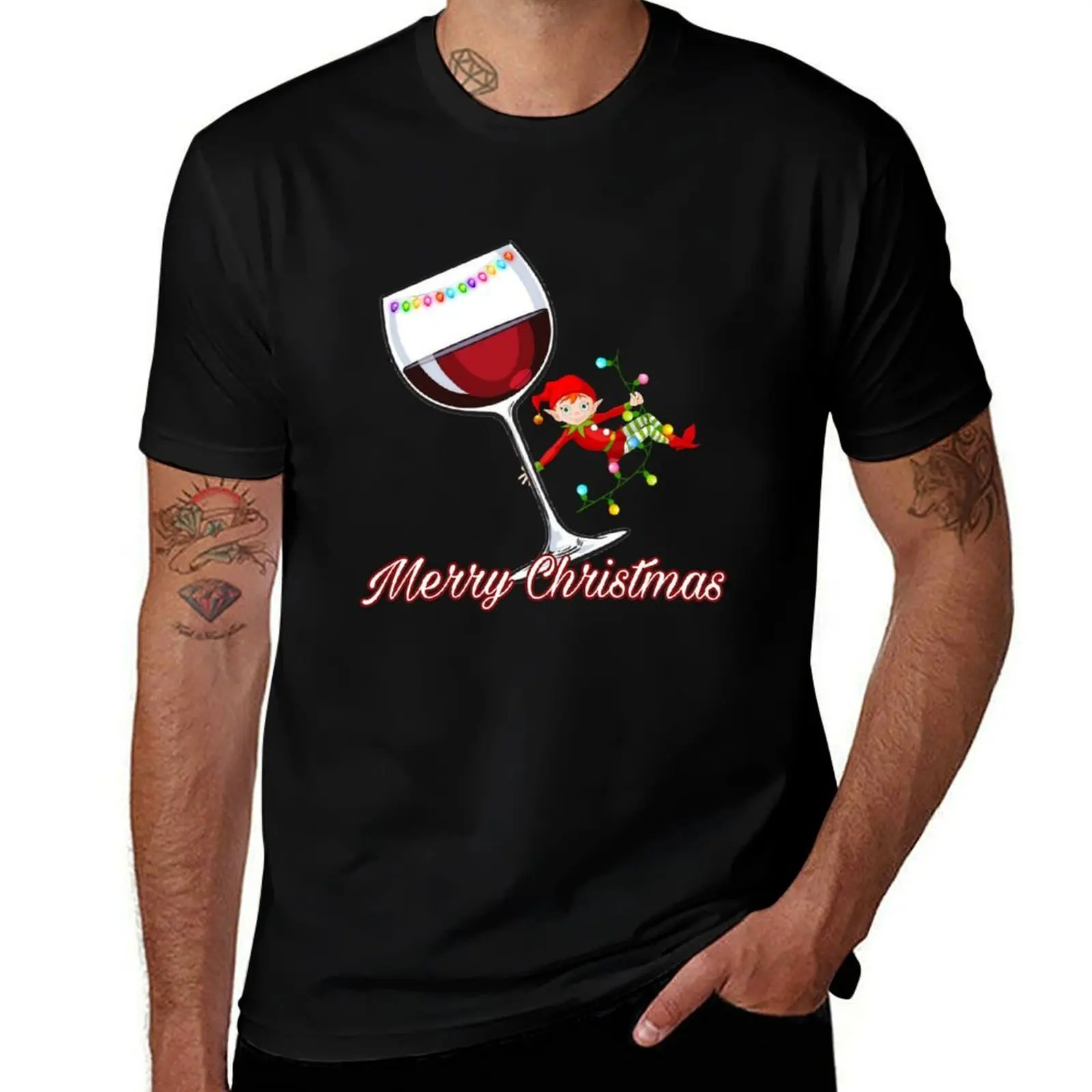 

Merry Christmas Elf Swinging on Christmas Lights with Wine Glass in Hand - Original Winespiration T-Shirt