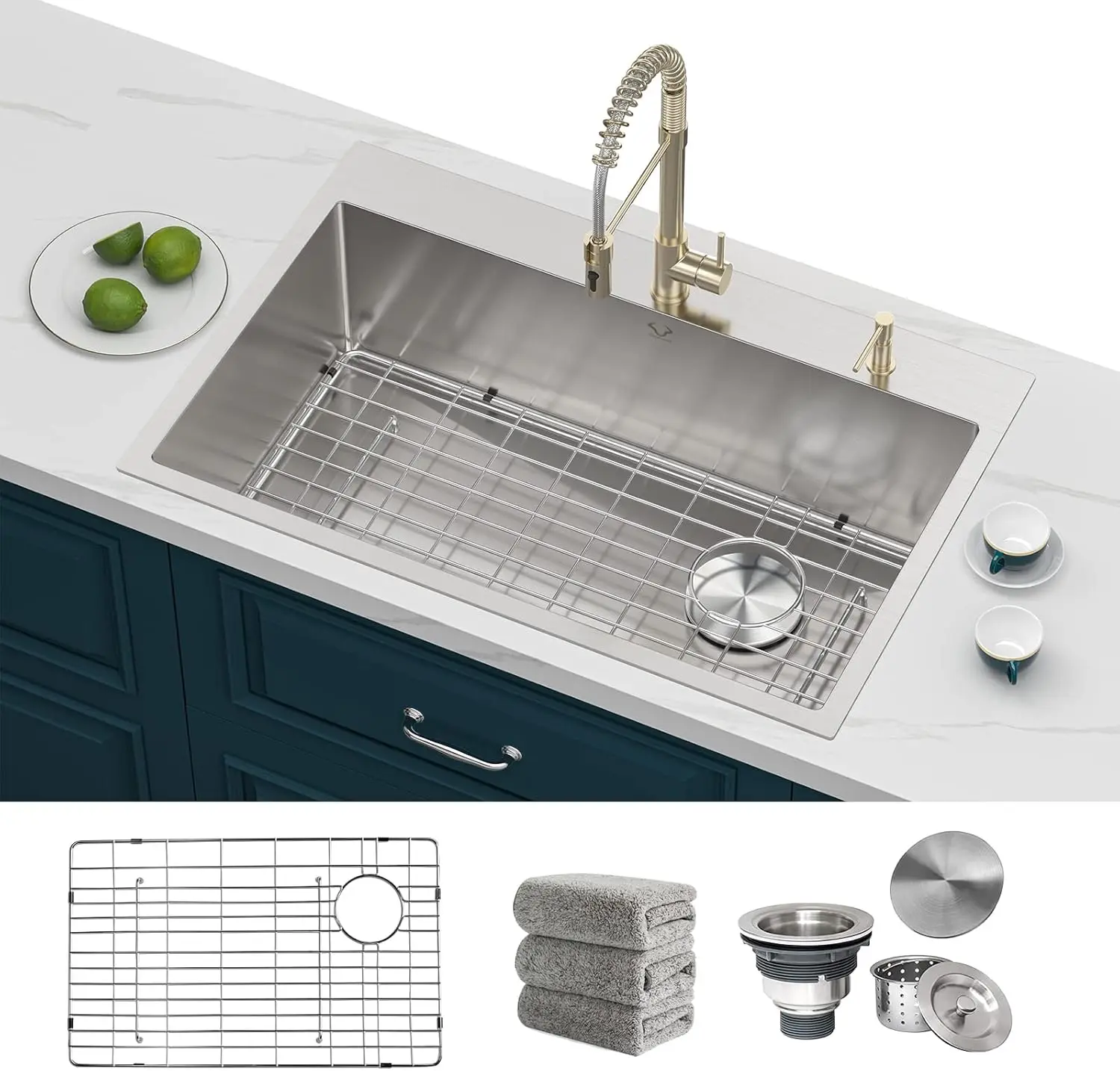 Kitchen Sink 33 x 22 inch Drop-In Top Mount 16 Gauge Tight Radius Single Bowl 2-Hole Stainless Steel Kitchen Sink