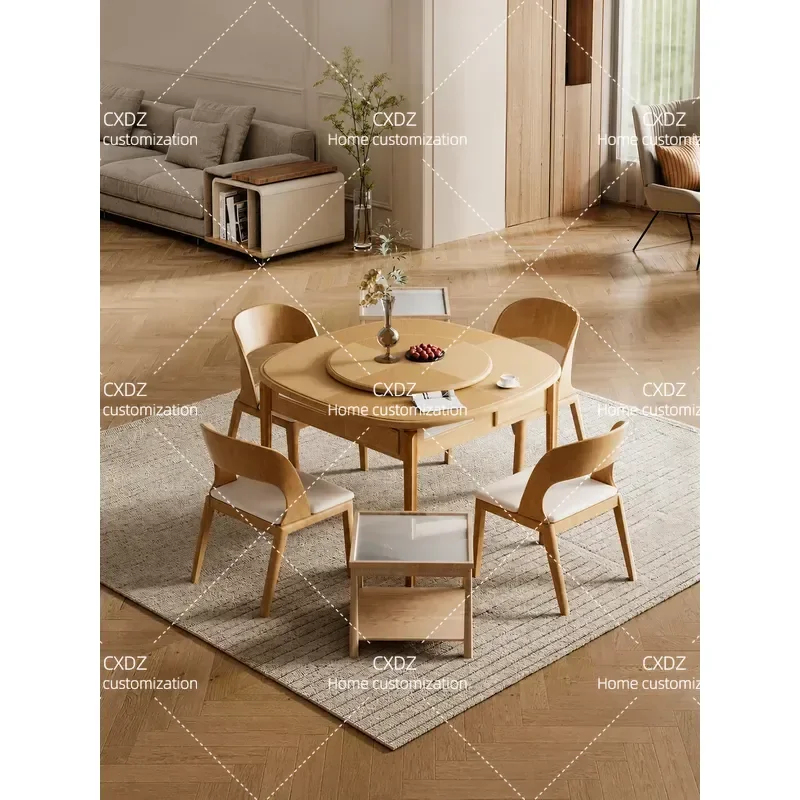 Cream Log Style Solid Wood Mahjong Table Dining Table Dual Purpose Automatic Household Electric Mahjong Machine Silent Multi