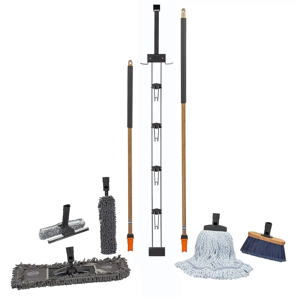 

Ultimate Indoor Kit — Includes 48” and 60” Wooden Handles, Dust Mop, Cotton Mop, Angle Broom, Flexible Duster, Window Squeegee,