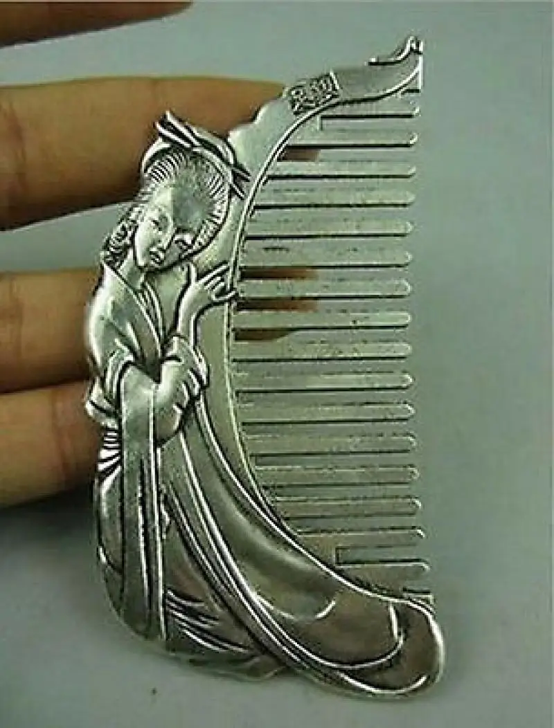 China's Old Silver Seed Hand-Carved Beauty Belle Usable Comb