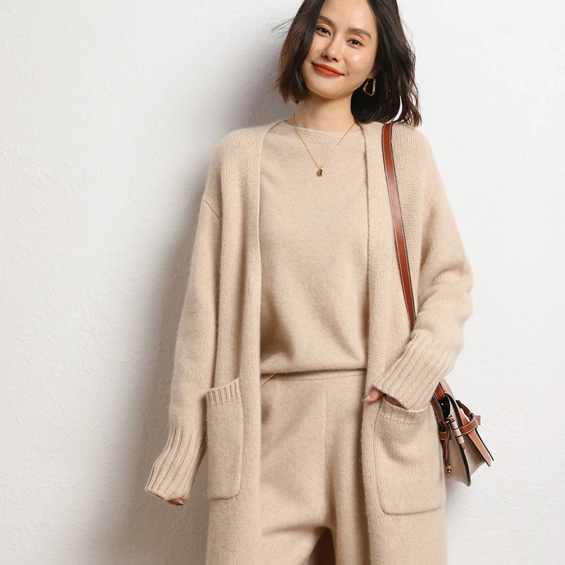 2023 Autumn Winter New 100% Cashmere Cardigan Sweater Women\'s Thicken Warm Fashion Cardigans Loose Long Lady V-Neck Solid Coat