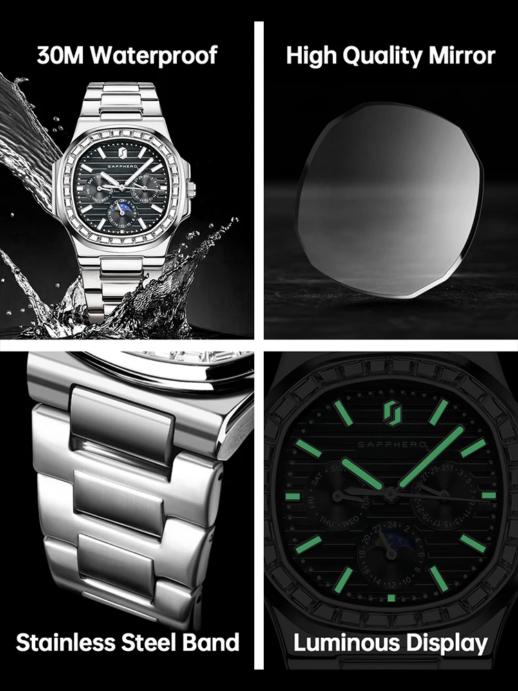 SAPPHERO Relógio de luxo para homem Design original Desporto militar Moda Diamante à prova de água Luminoso aço inoxidável Relógio de quartzo