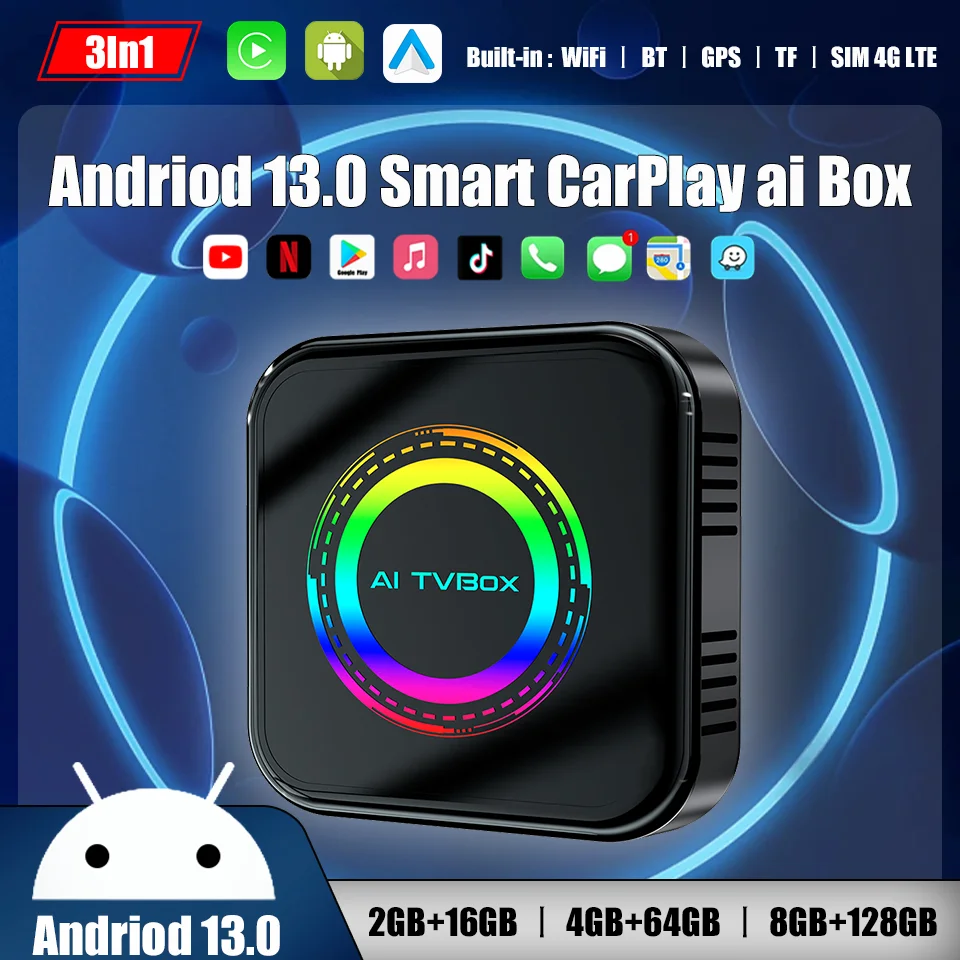 2025 New Android 13 Ai Box QCM 8-Core 128G Android Auto & Apple CarPlay 3In1 Smart LED Multimedia Box Built-in Netflix YouTube