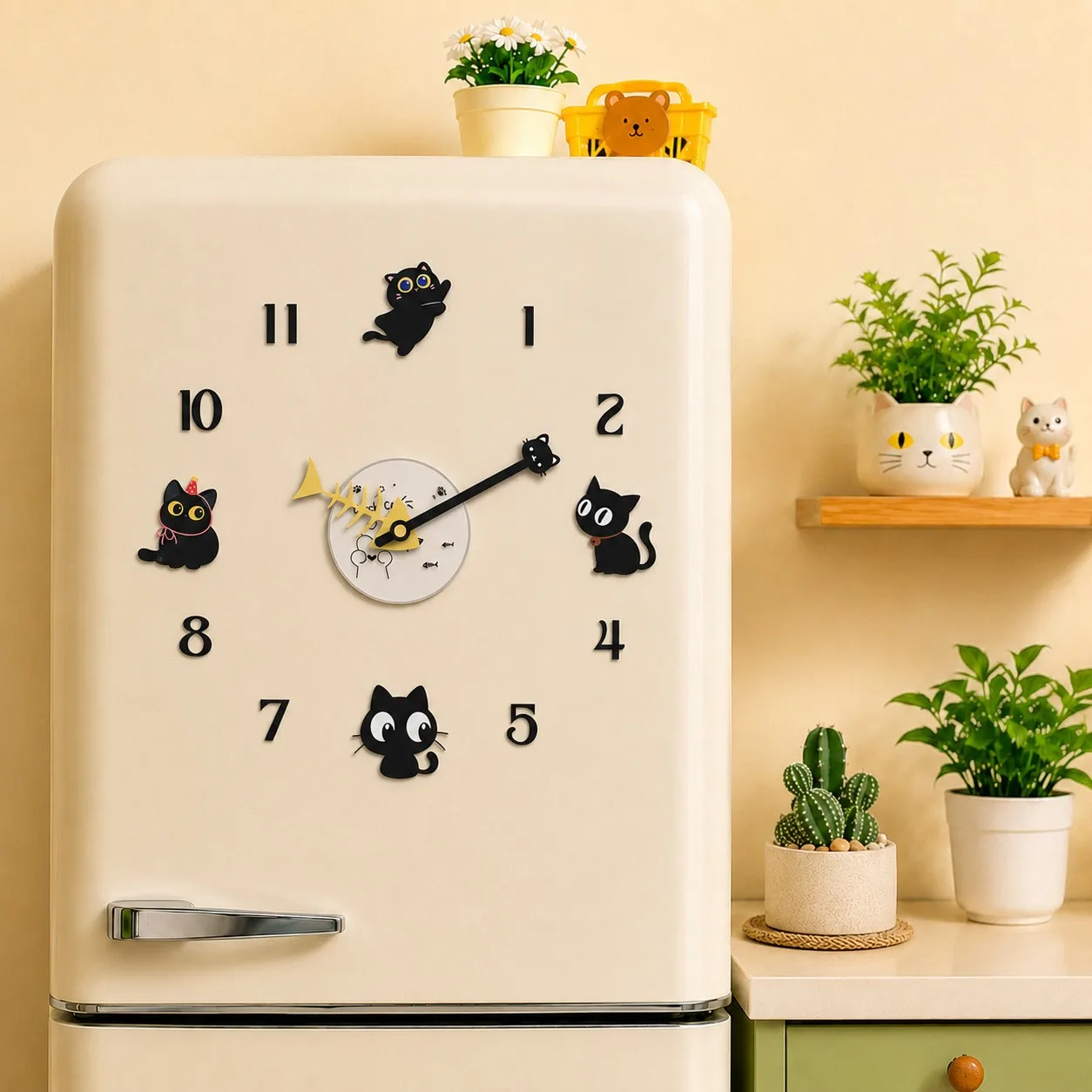 DIY Magnetic Fridge Silent Clock Lovely Cats Bread Fruits Creative Decor Home Kitchen Living Dinning Room Cartoon Fridge Sticker