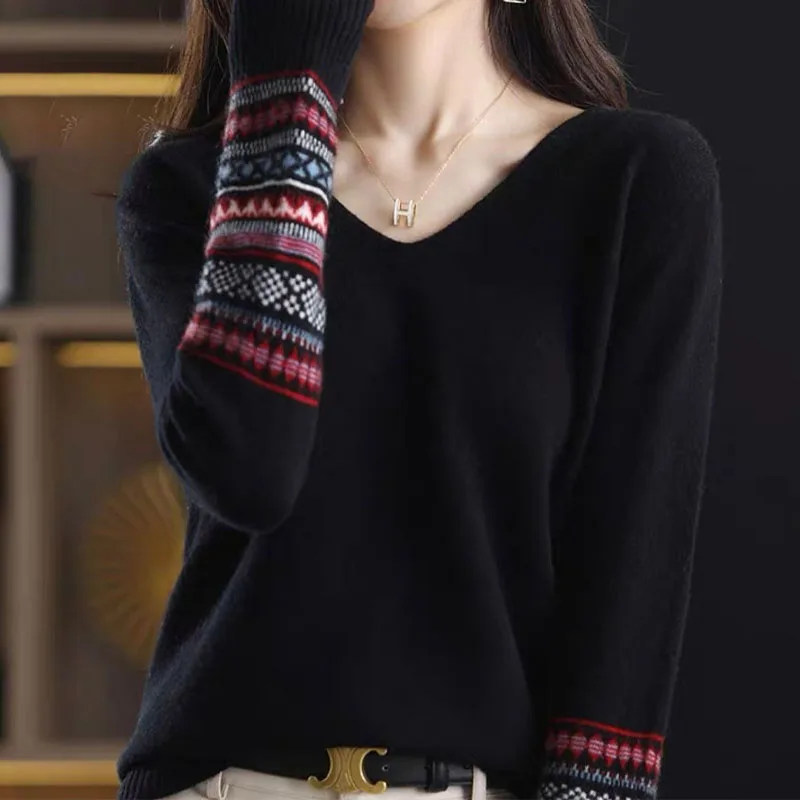 Autumn Winter Fashion All-match Long Sleeve Patchwork Sweaters Women\'s Clothing Korean Temperament Lady V-Neck Knitted Pullovers