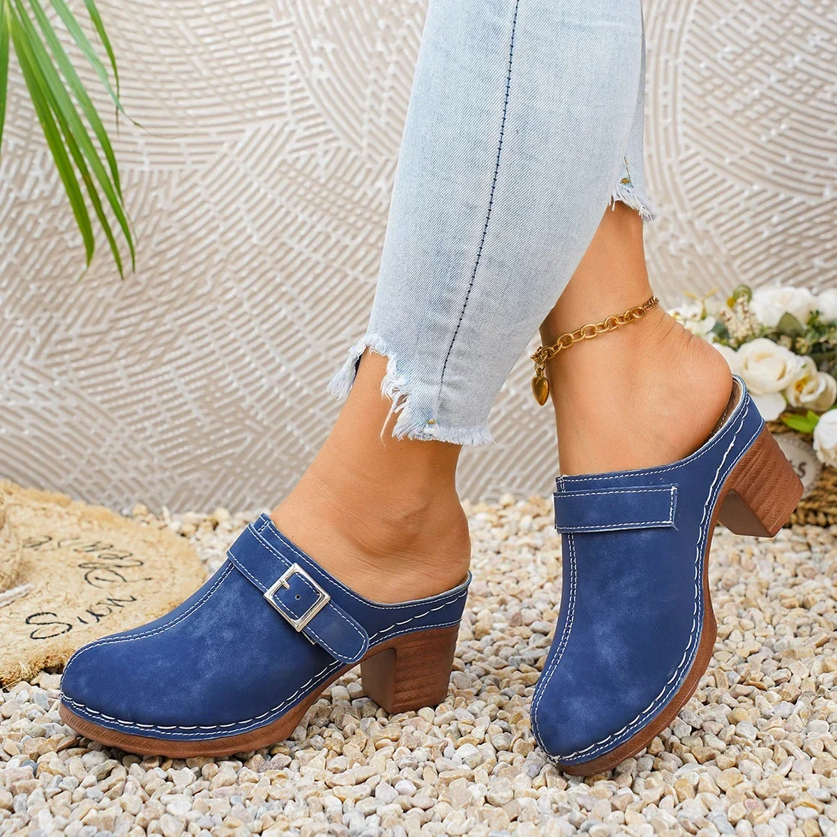 Damen Mules Pantoletten mit hohem Blockabsatz, geschlossene Zehenpartie, zum Hineinschlüpfen, Vintage, Sommer, lässig, bequeme Gehschuhe, Größe 36-43 – Detail 16