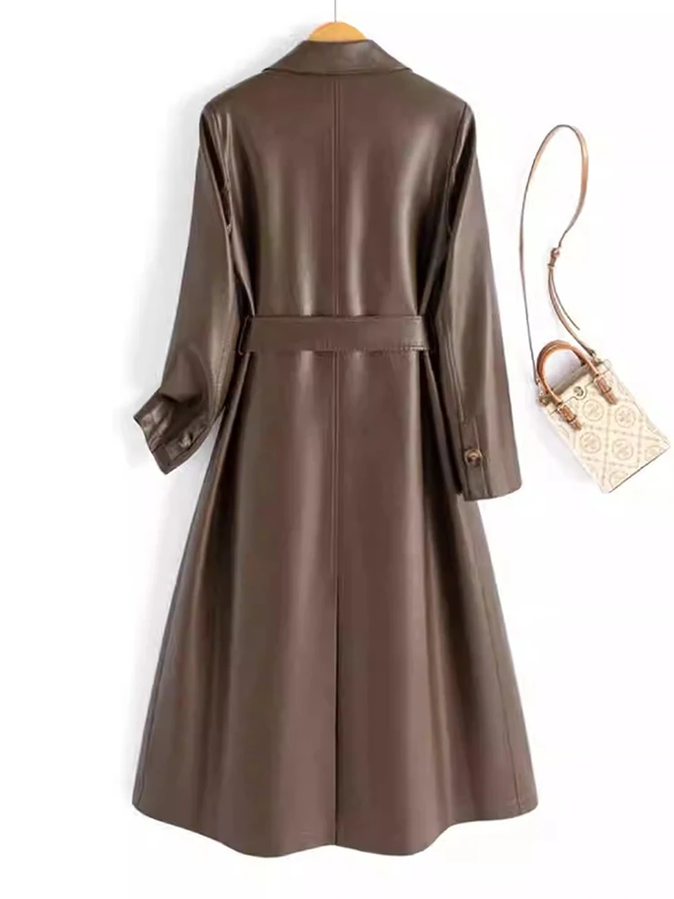 جديد نساء ربيع خريف جلد مقسم معطف موضة ياقة مطوية صدر مزدوج معطف جلدي أنيق معطف نسائي طويل