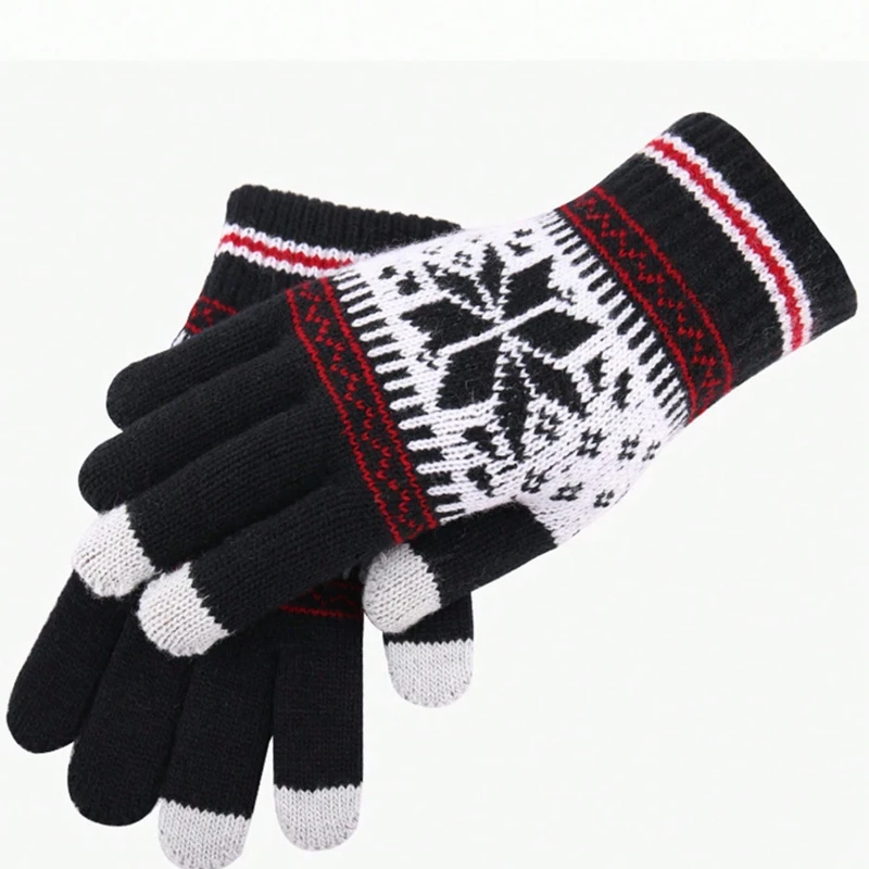 Вязаные перчатки с сенсорным экраном, узор снежинки, толстые теплые вязаные зимние перчатки с полным пальцем для мужчин и женщин, перчатки для пар