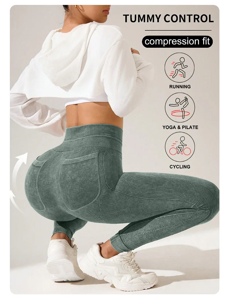 Damen Schnelltrocknende Yoga-Leggings mit Taschen, Hoher Taille, Po-Lifting-Effekt, Strukturierte Hüftformende Lauf- und Fitness-Sporthose – Detail 14