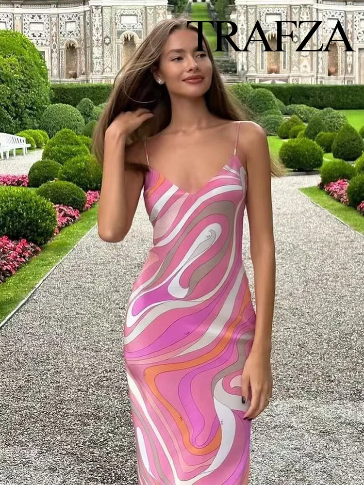 

HH Women's New Fashion Sexy Backless V-neck Geometric Graphic Printed Sling Dress Female Elegant Side Slit Casual Long Dress