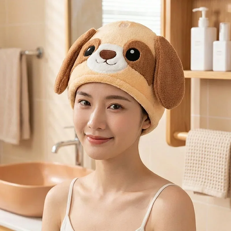 2Pcs Cute Cartoon Creative Dry Hair Caps Water Absorption Coral Velvet Puppy Shower Cap Towel Girl Thickening Soft Home Textile