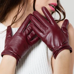 GOURS-Gants d'hiver en cuir véritable pour femme, mitaines chaudes, noir, peau de chèvre véritable, nœud papillon, doublure douce, sourire, mode, nouveau, GSL002