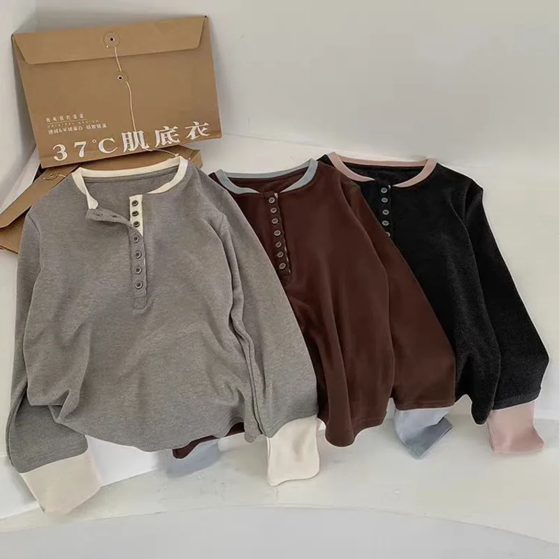 

Henry Collar Contrasting Fake Two-Piece Thick T-shirt Winter Cashmere Protein Soft Heating Warm Long Sleeve Bottoming Tops