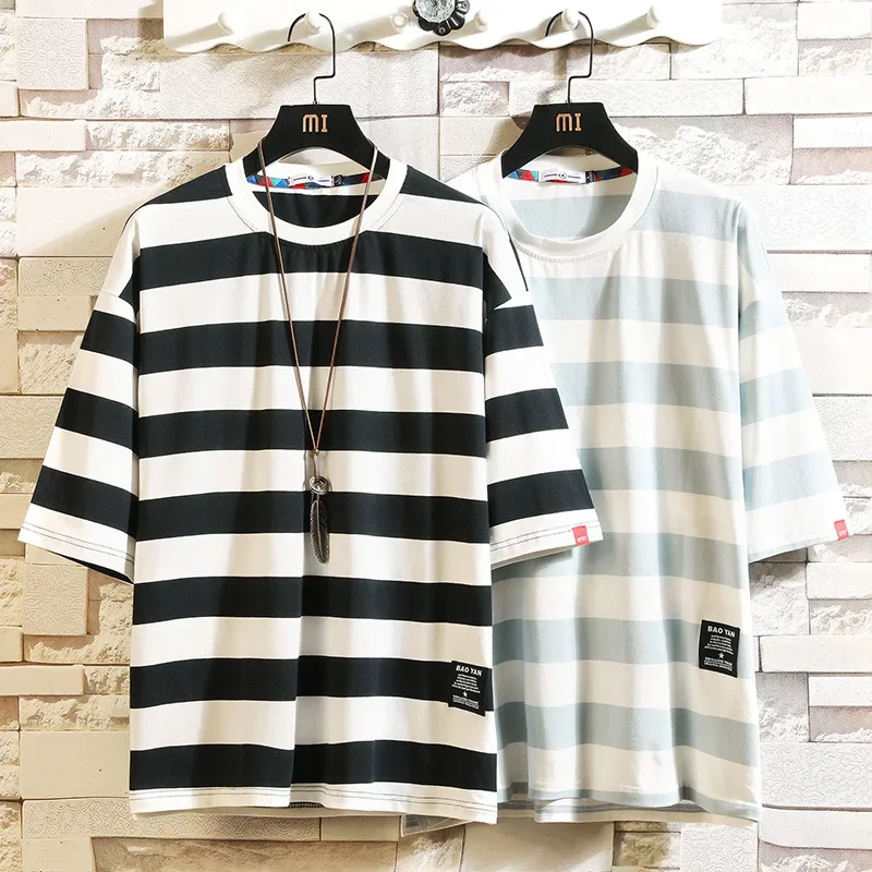 

New Fashion Men's T Shirt Summer O-Neck Short Sleeve Striped T-Shirt Mens Oversized 2023 Casual Hip Hop Top Tees Streetwears 5XL