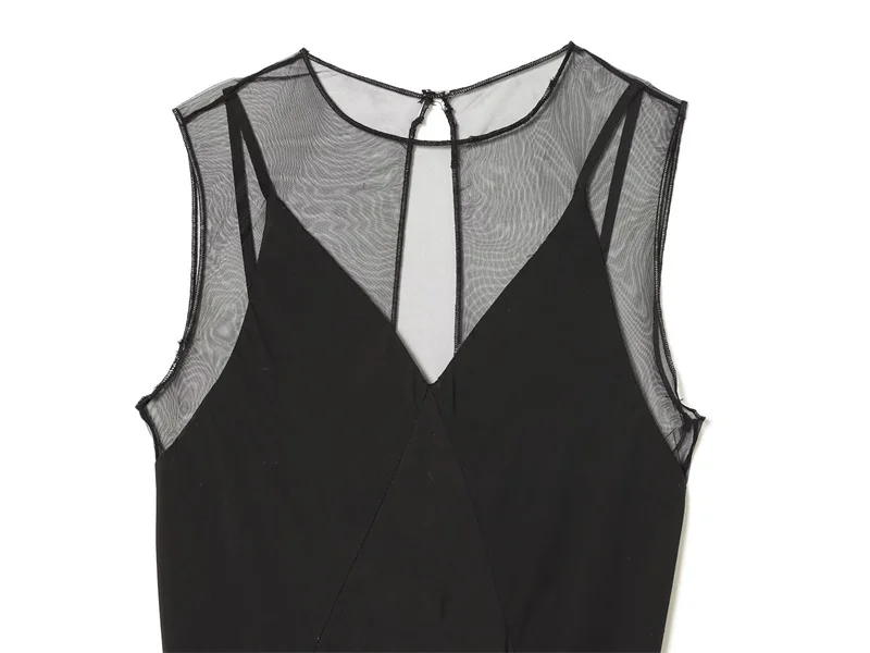 فستان نسائي شتاء 2025 جديد أسود بدون أكمام بحزام سباغيتي شفاف فستان متوسط الطول أنيق وعصري #3