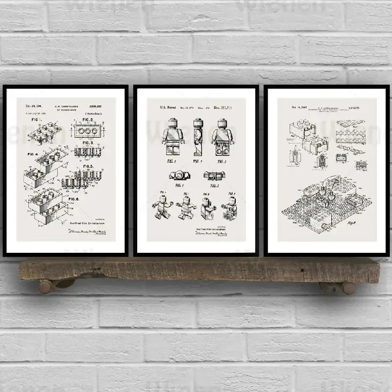 Retro Blueprint Legos Blocks Patent Toy Wall Art Poster Canvas Painting for Room Office School Decoration Stuff Home Decor