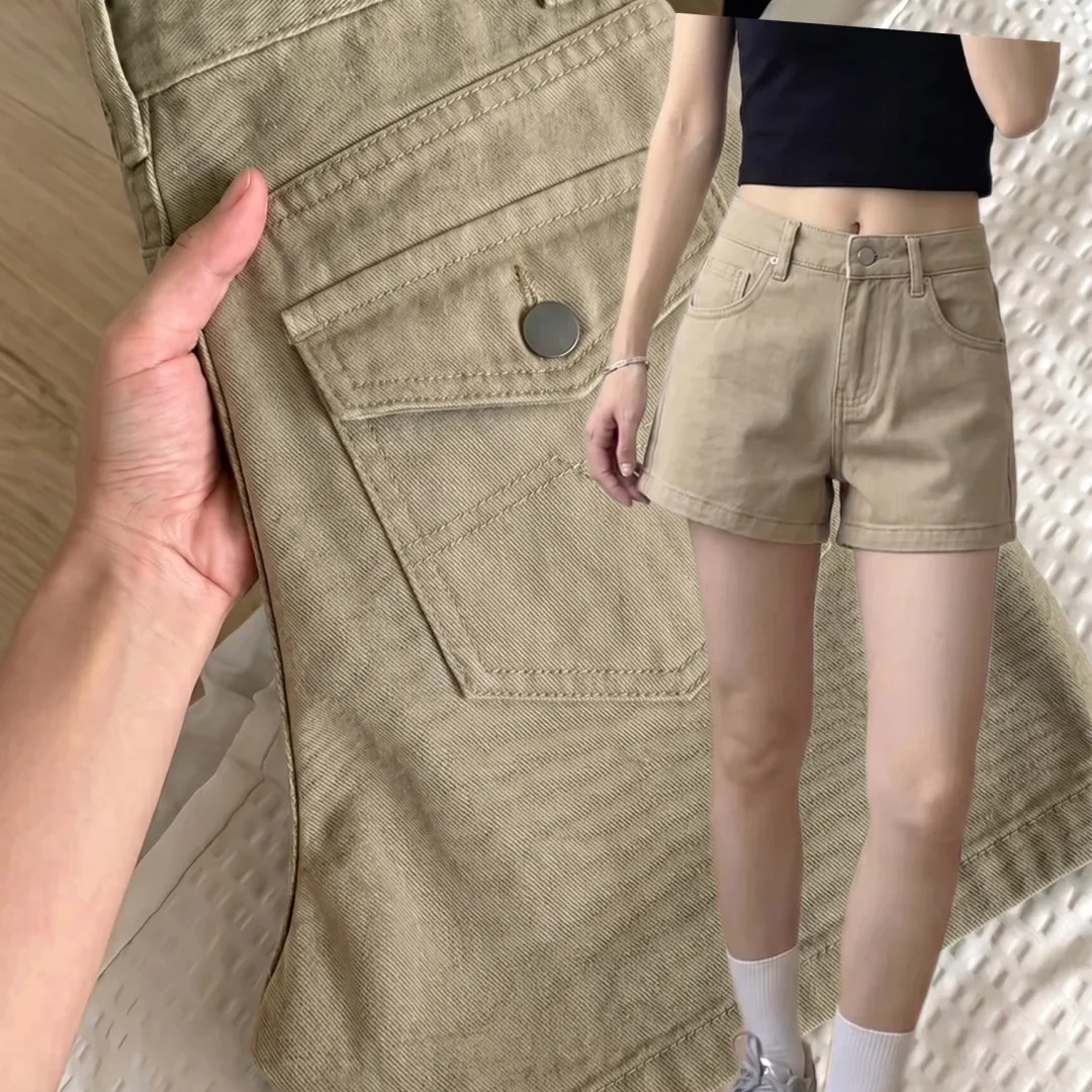 Trendy Khaki Women Shorts High Rise Straight Loose Denim Shorts Summer Casual Streetwear Hot Pants