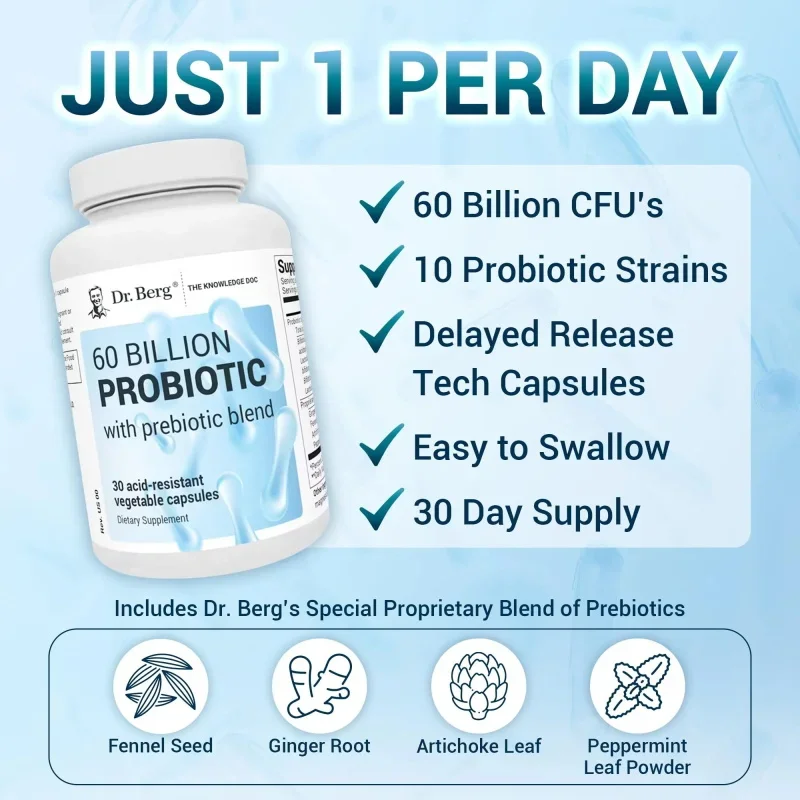 Dr. Berg 60 Billion 10 Strains Probiotic Capsules with Prebiotic Blend - Promote Digestive Gut Health 30 Capsules