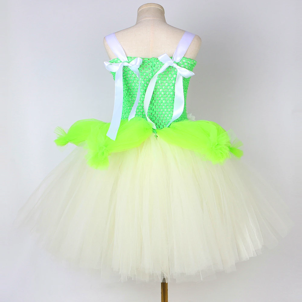 3 Layers Frog Princess Tiana Costumes for Girls Lotus Flower Fairy Tutu Dress with Wings Kids Christmas Halloween Fancy Outfits