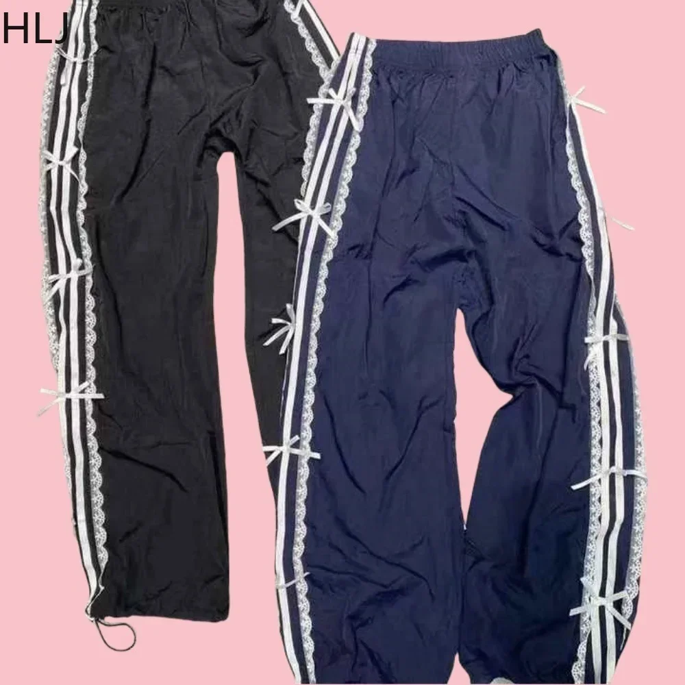 

HLJ Spring New Bow Lace Bandage Sweatpants For Women Striped Loose Sporty Trousers Fashion Elastic Waisted Jogger Bottoms 2025