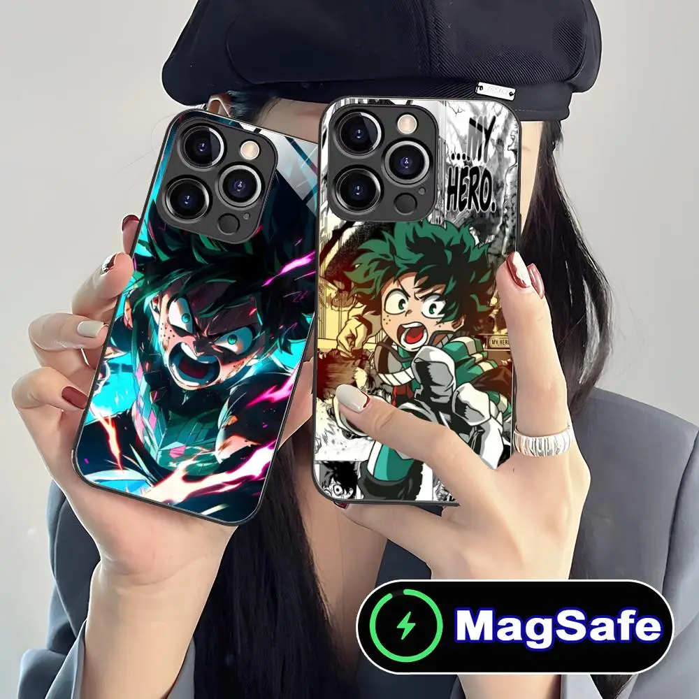 حافظة هاتف My Hero Academia Izuku Deku لهاتف iPhone 16 15 14 13 12 11 Pro Max Plus Mini MagSafe لون زجاجي واقي للهواتف الذكية