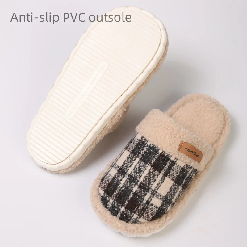 Women Warm Winter House Slippers Men Casual Home Outdoor Plaid Striped Shoes Couple Cozy Anti-slip Indoor Floor Footwear