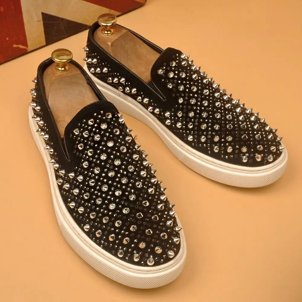 

British Style Slip-On Studded Punk Casual Shoes for Men Flat Comfort Height Increasing Board Sneakers Trendy