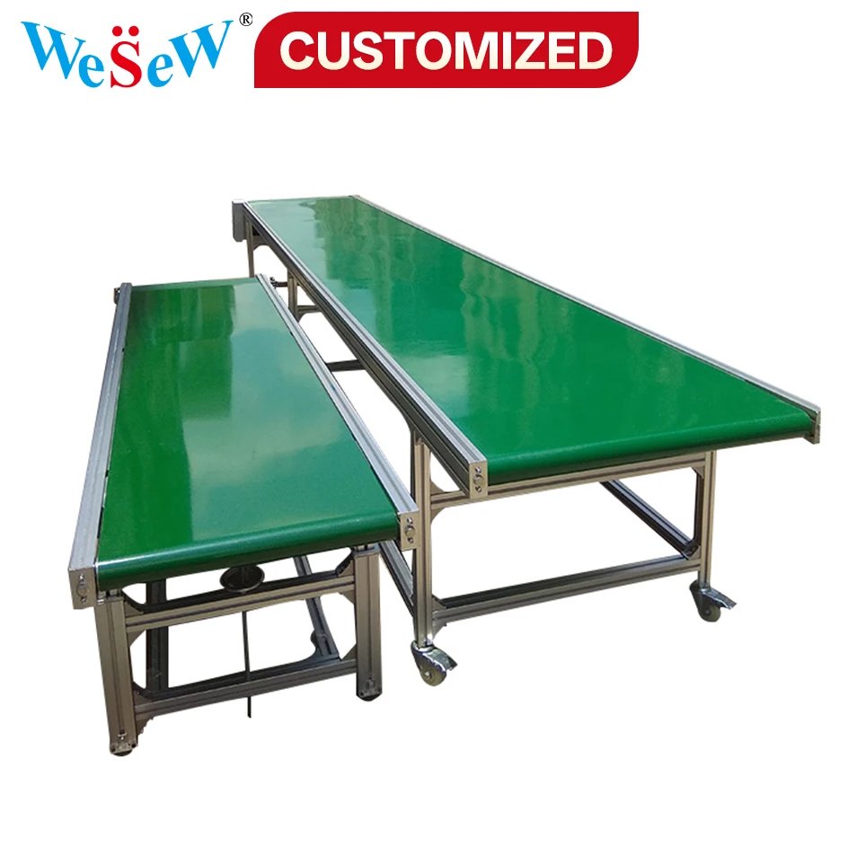 

Индивидуальный сборочный зеленый ленточный конвейер из ПВХ для промышленной передачи с регулируемой скоростью из нержавеющей стали и полиуретановых материалов.