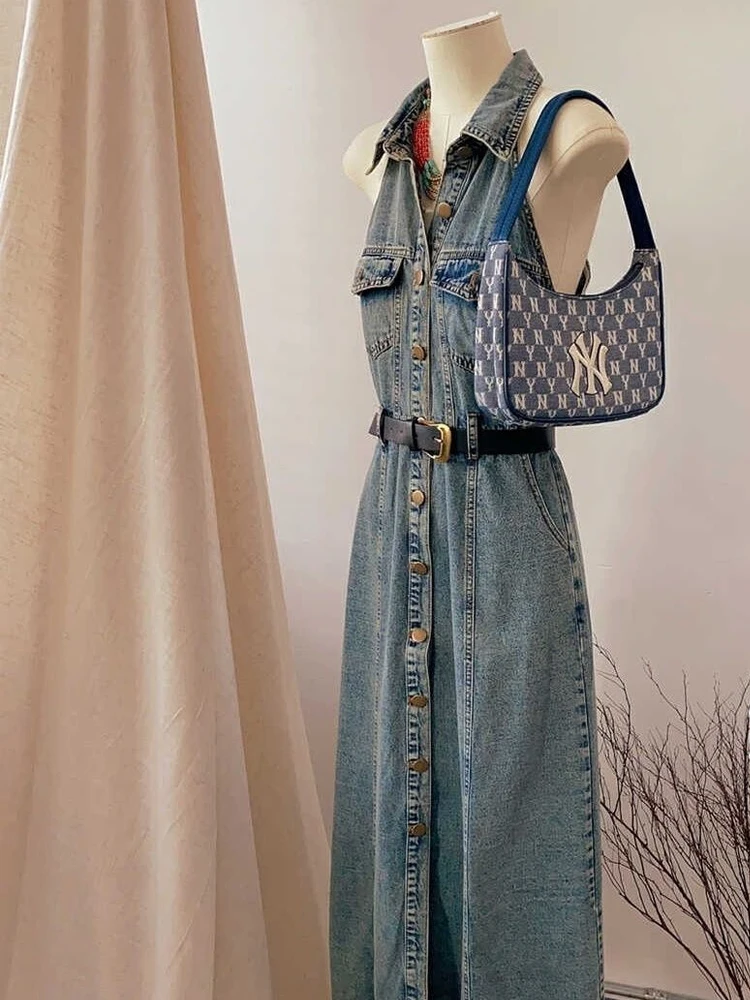 Denim Dress with Hanging Neck for Women, Long Dresses, Hollowed Out Back, Women\'s Clothing Traf, 2023