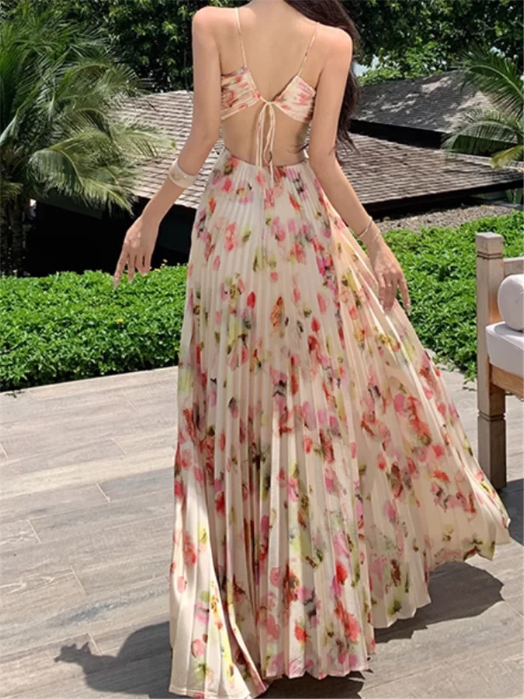 Summer Holiday Boho Floral Print Pleated Long Holiday Dress Sexy Backless Hollow Women Halter Off Shoulder Beach Fairy Dress