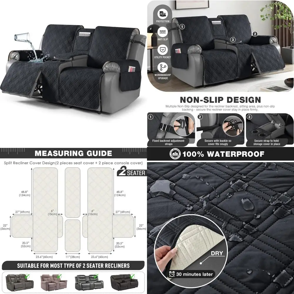 

Waterproof Reclining Loveseat Cover with Console and Pocket, Non-Slip Protection for Split Recliner Sofas