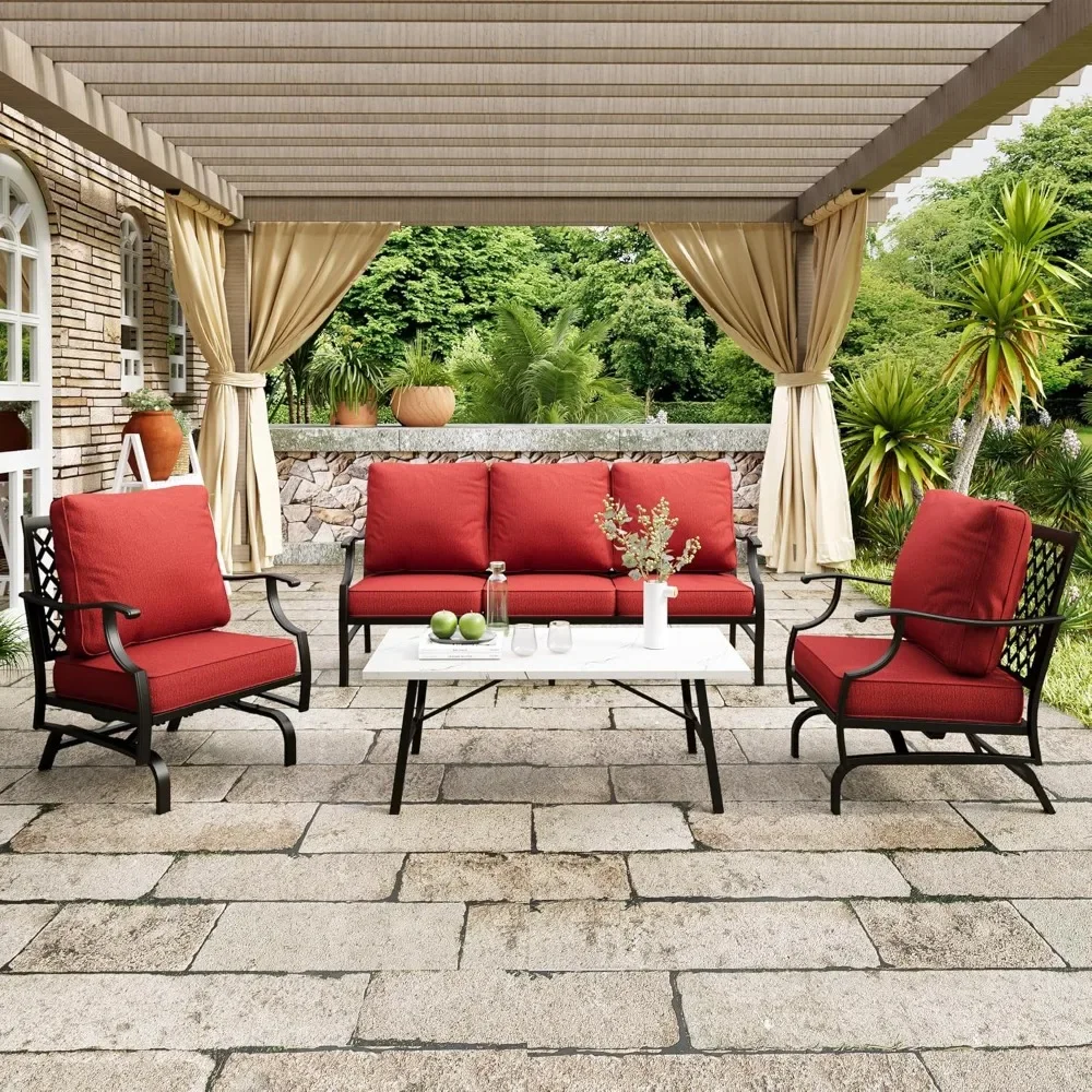 Outdoor patio furniture set of 4 pieces, 3-seater sofa, 2 rocking chairs, coffee table, 5.75