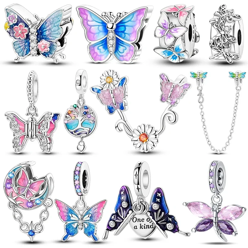 925 Sterling Silver Flower Blue Purple Butterfly Sunflower Charms Dragonfly Safety Chain Fit 4MM Aperture Bracelets DIY Jewelry