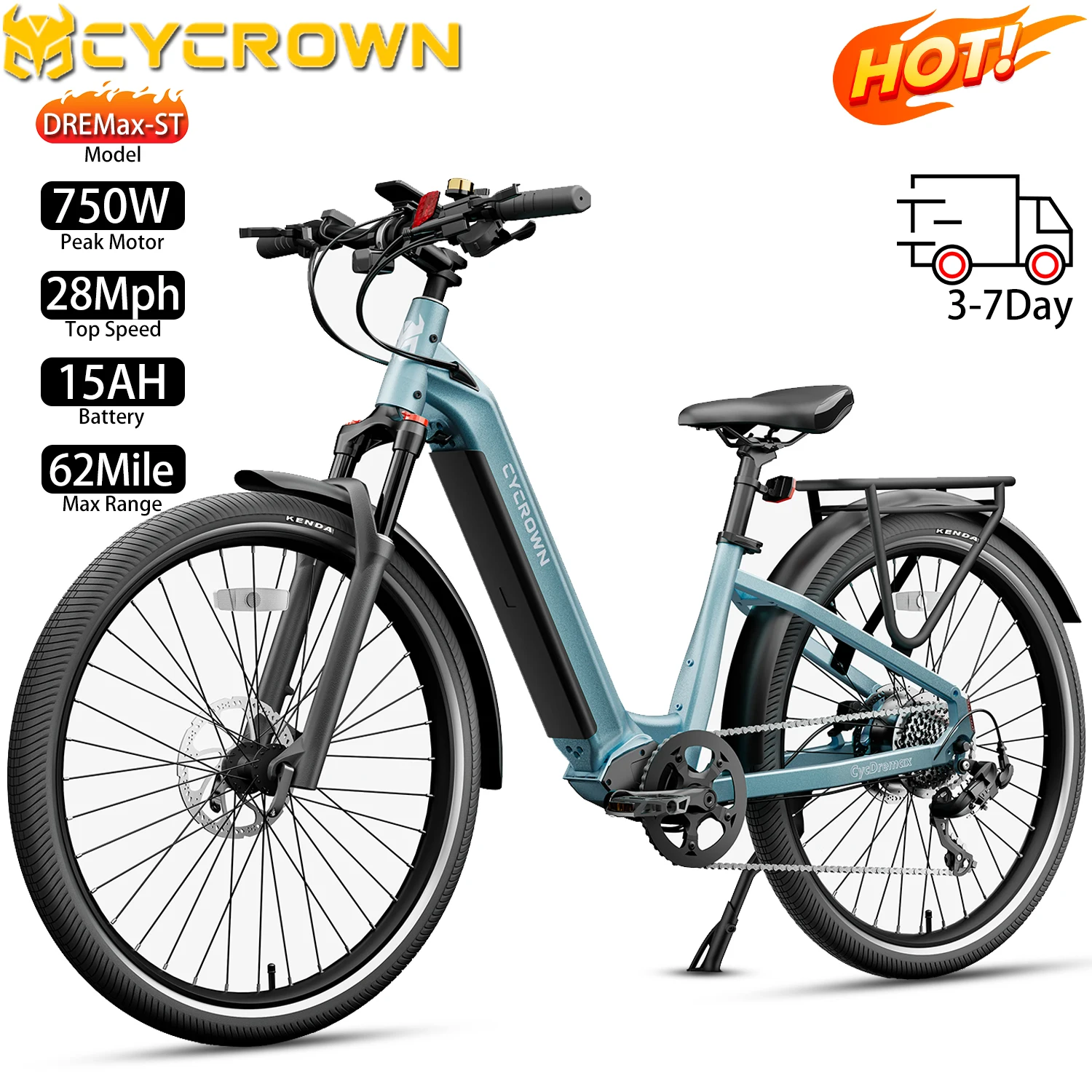 

CYCROWN Electric City Bike 27.5" 750W Motor Top Speed 28Mph E-Bike For Adult 48V 15AH Max Range 62 Miles Load 330Ibs New