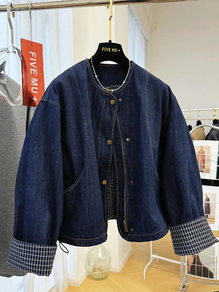 

Spring/Summer New Women's Denim Jacket Round Neck Splicing Short Jacket