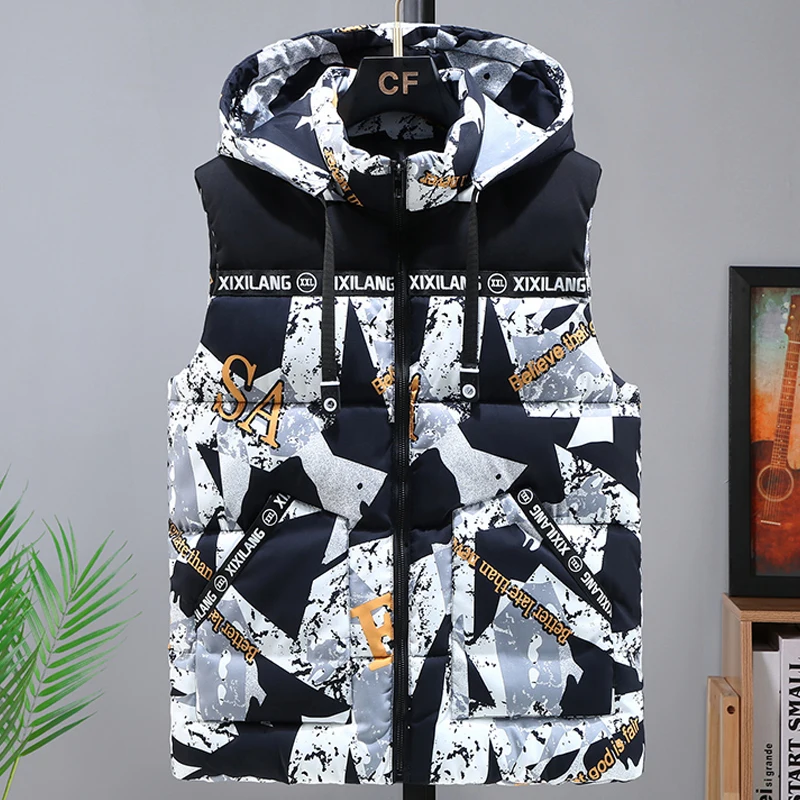 S-8XL Plus Size Men Sleeveless Jacket Winter 2023 New Casual Hooded Cotton Padded Sleeveless Vest Man Warm Camouflage Waistcoat