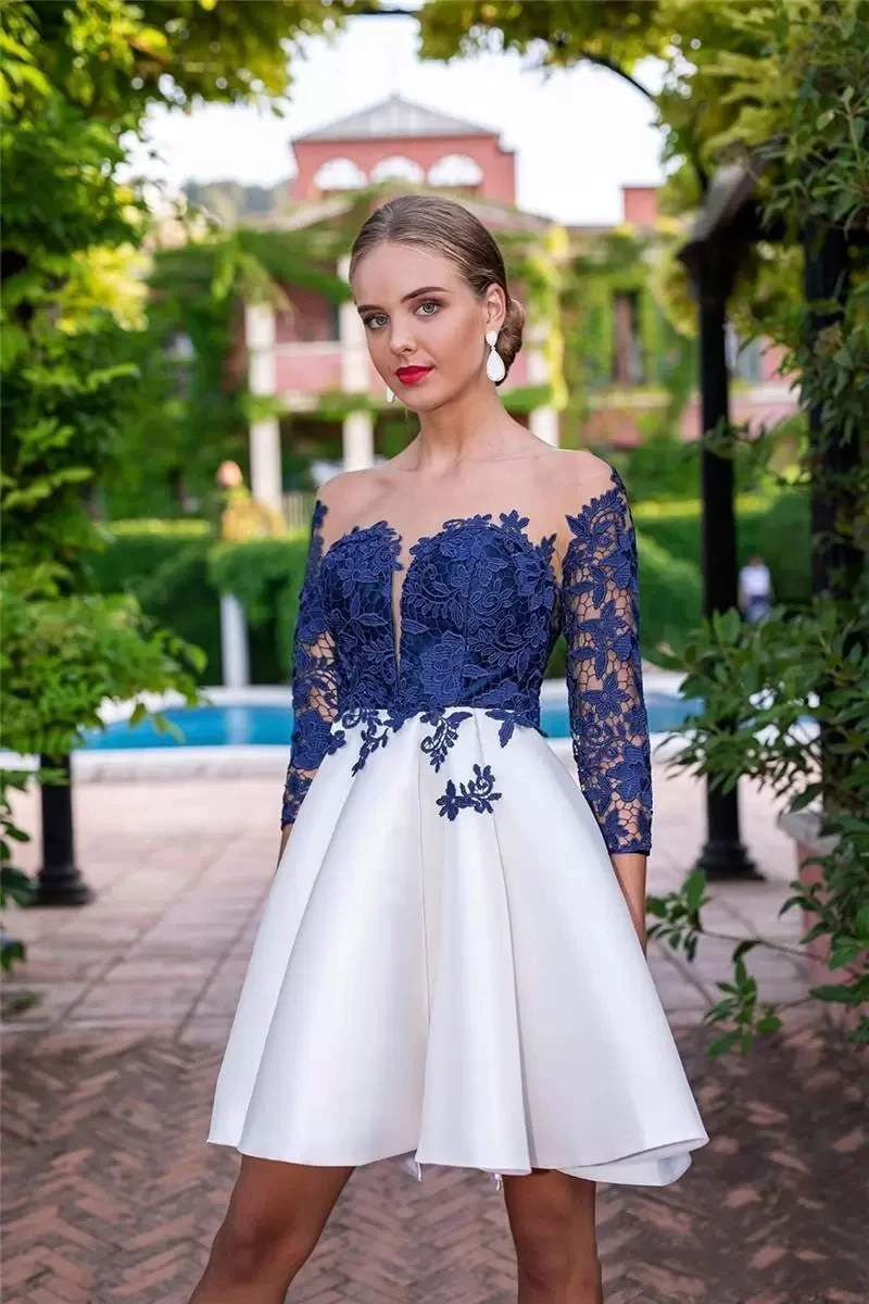 2025 azul vestidos de cocktail sheer neck apliques rendas manga longa babados mini curto baile formatura vestido robe de soirée