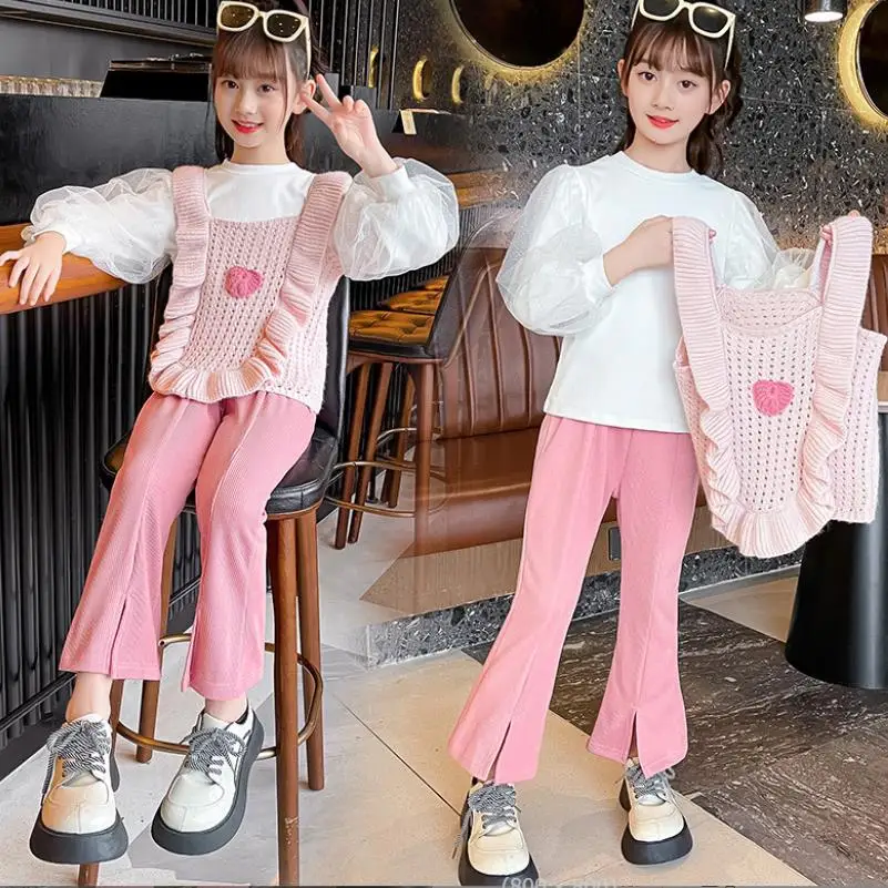 Fashion Vest + T-Shirts + Pant 3pcs Sets Spring Autumn New Knitting Pink Suits Children Cute Clothes Kids 3pcs Sets Wz918