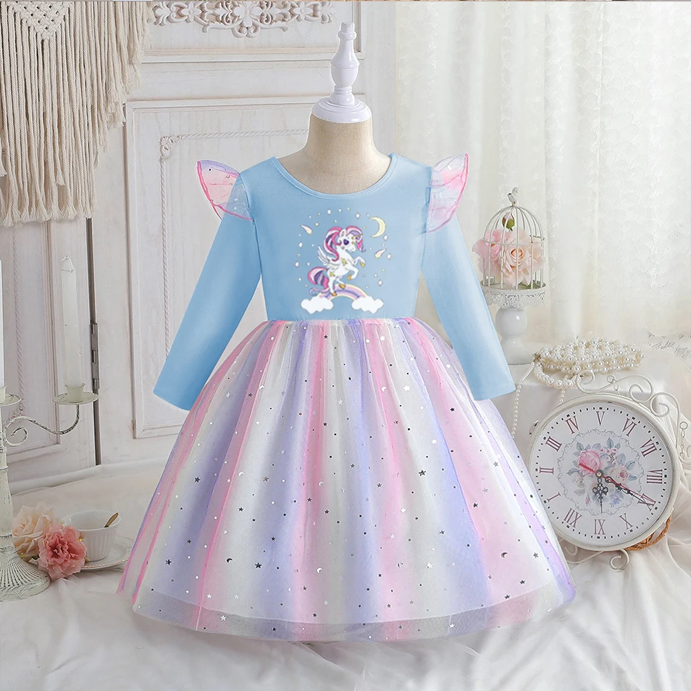 

Rainbow Unicorn Princess Dress Baby Girls Dress Spring Autumn Dress Long-sleeved For Children Kids Clothes Birthday Party 2-8Y
