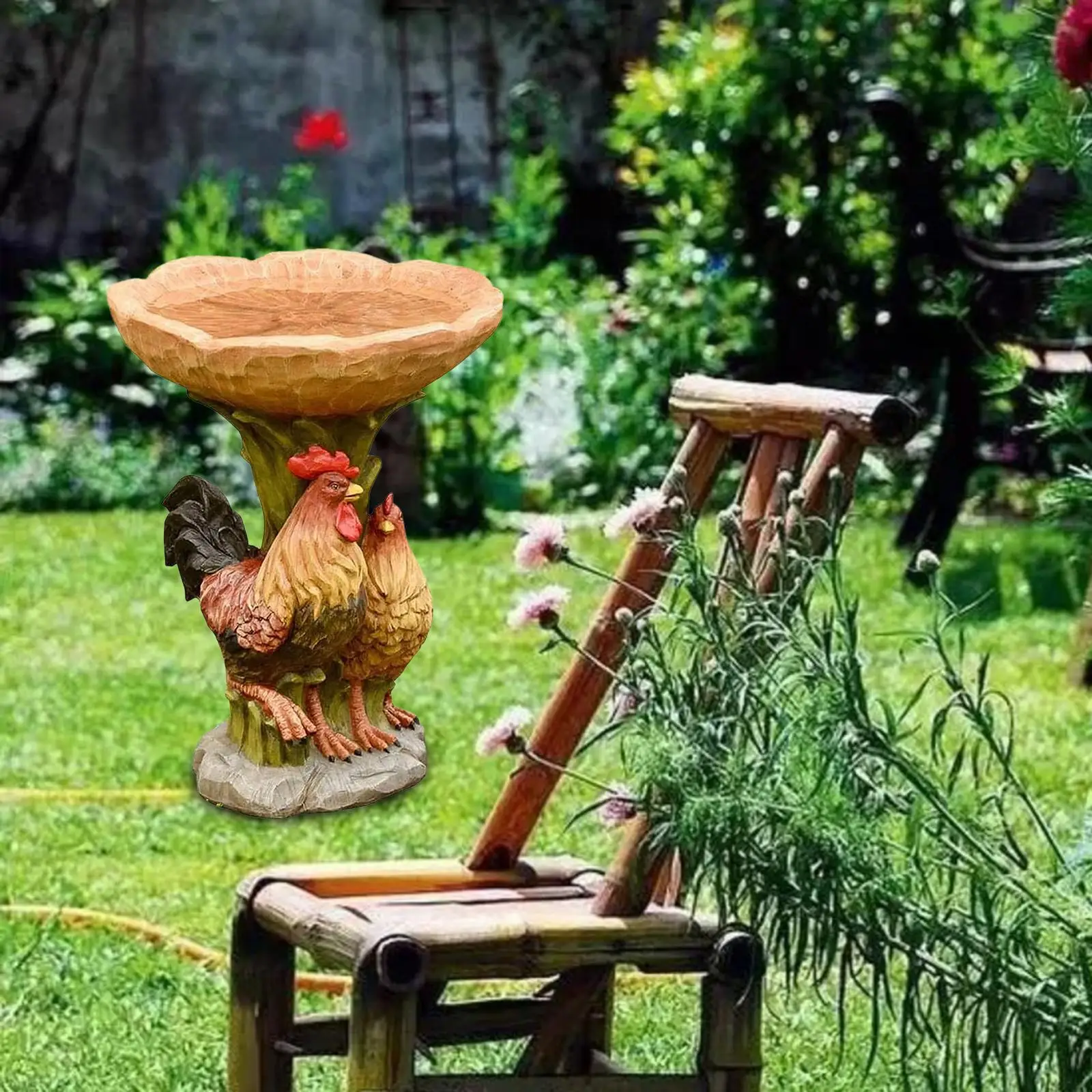 Garden Bird Bath Bowl Resin Feeder Lawn Feeding Station Rooster Statue Figurine Chicken Sculpture for Park,Porch,Railing,Deck