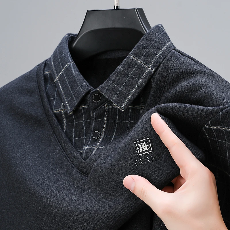 

Luxury Quality Men's Knitted Sweater Shirt Collar Plush Thick Print Fake Two-Piece Winter Versatile Casual Trend Menswear Top