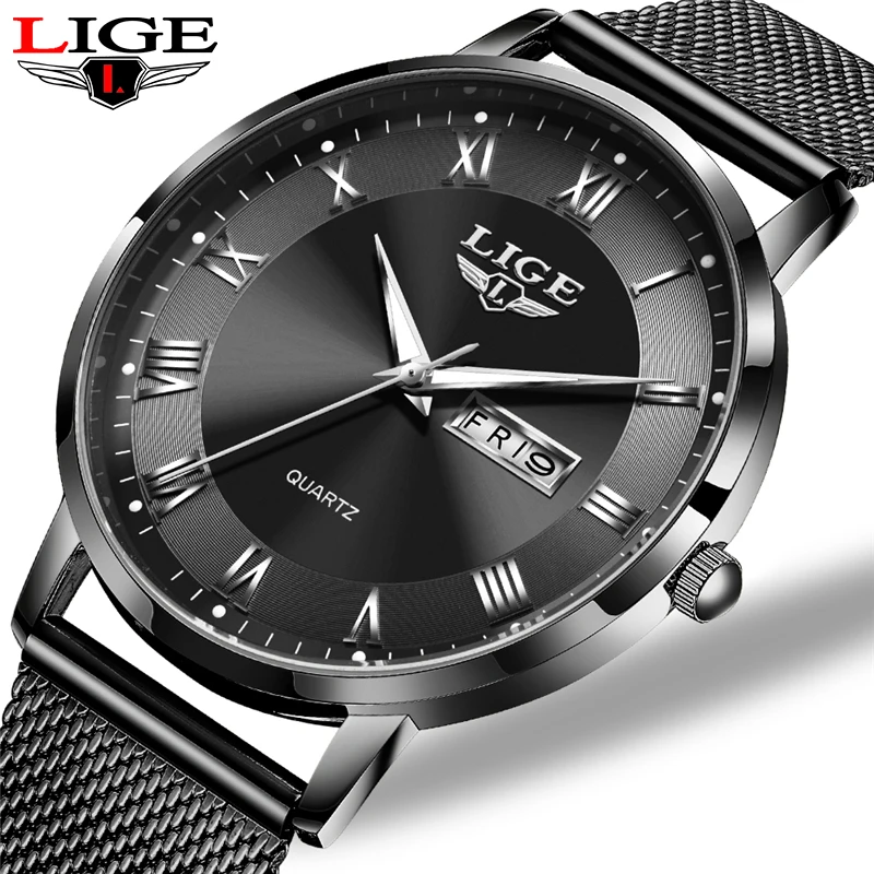 LIGE Minimalist Mens Fashion Ultra Thin Watches Simple Men Business Stainless Steel Quartz Watch for Men Calendar Wristwatch