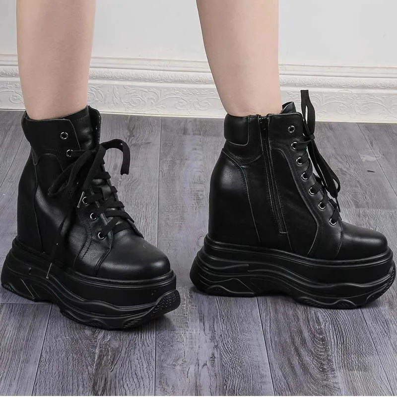 14 cm super high heels thick sole platform women boots height increasing sneakers genuine leather ladies wedges pumps ankle boot